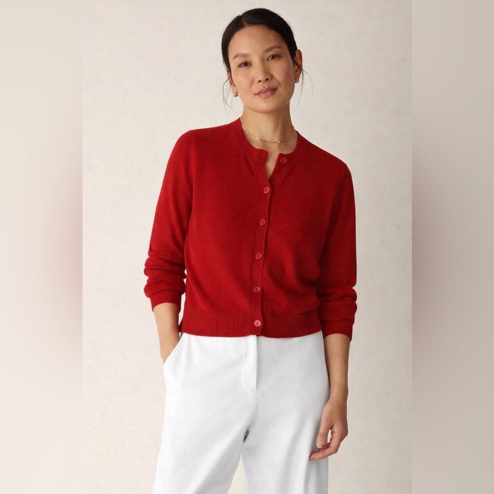 Eileen Fisher Vibrant Strawberry Red Cashmere Blend Knit Cardigan Sz M Minimal